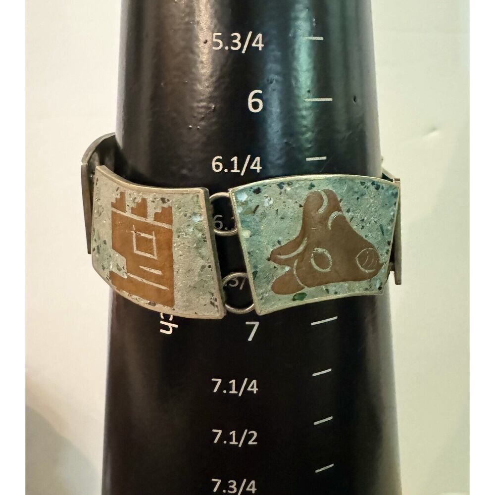 Vintage Sterling Silver Brass Turquoise Inlay Panel Bracelet Hencho En Mexico - Picture 14 of 14